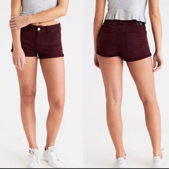 American Eagle Outfitters Pants - American Eagle Hi-Rise Shortie Cuffed Burgundy 🍁 Denim Shorts